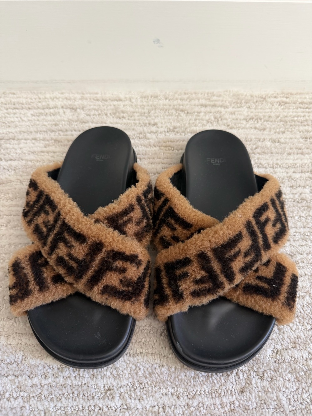 Fendi Brown & Black Shearling Logo Crisscross Slides